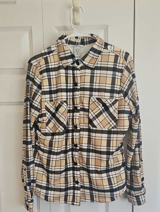 Marissa Olivia Tops - Beige and Black Plaid Button-Down Shirt
